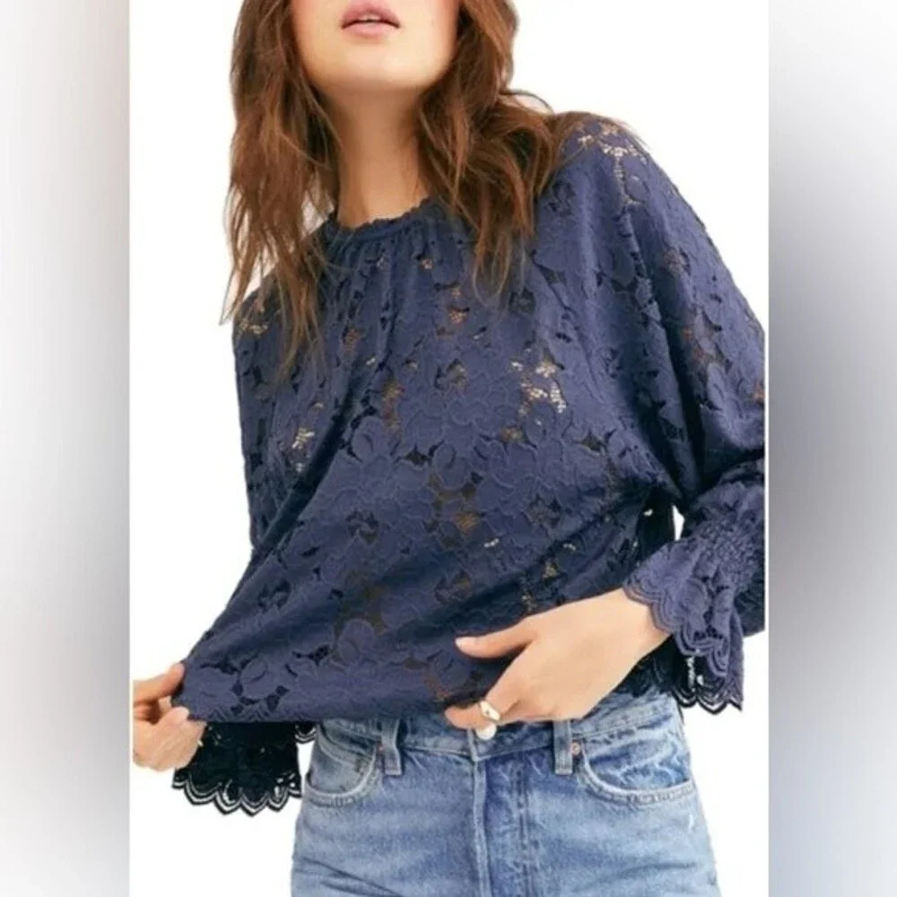 Free People Olivia Lace Tee in Navy M NWT